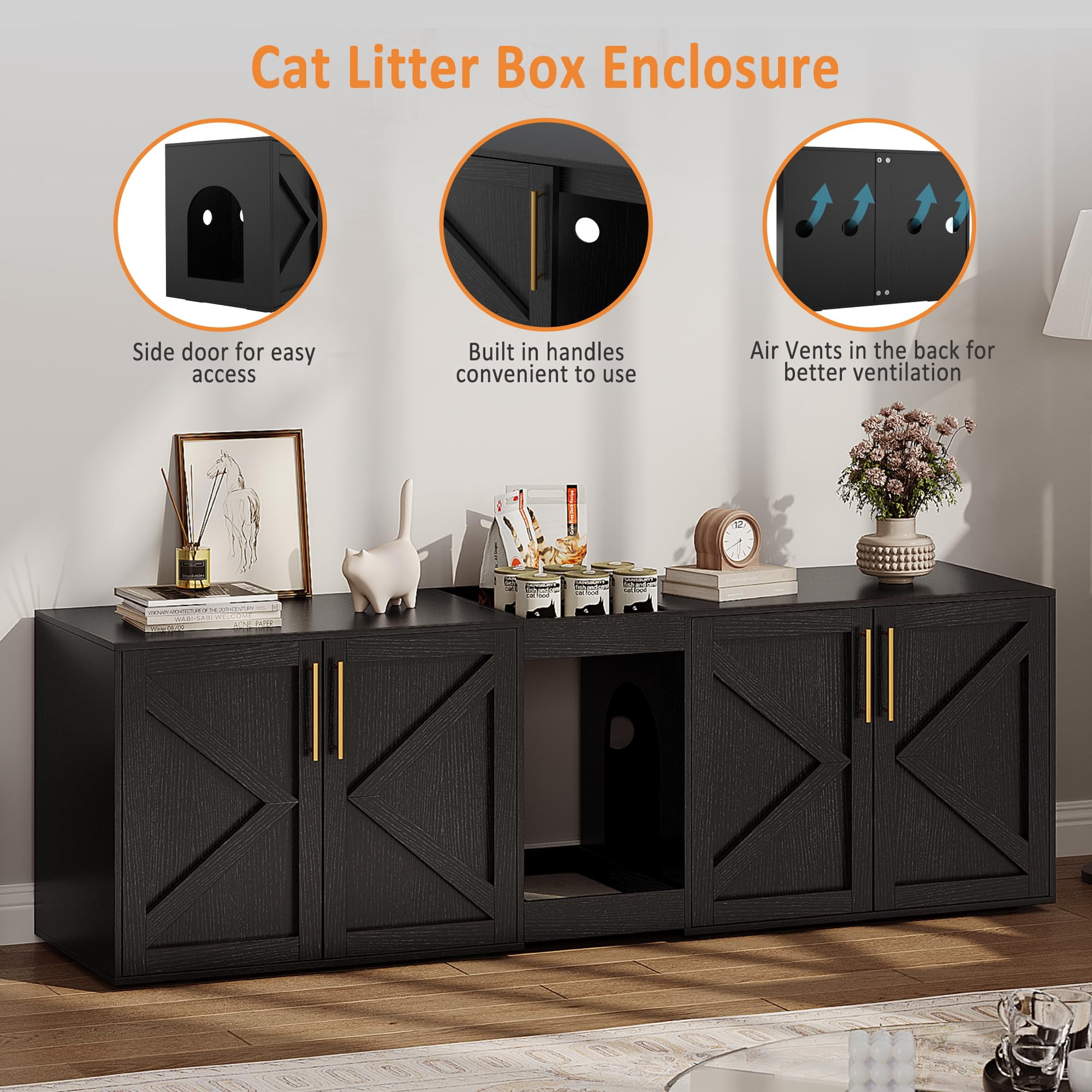 55" Large Cat Litter Box Enclosure for 2 Cats,Litter Box Enclosure with Double Cage,Hidden Cat Litter Box Furniture with Double Room and Cushion,Wooden Kitty Litter Box Cabinet Furniture,Cat House