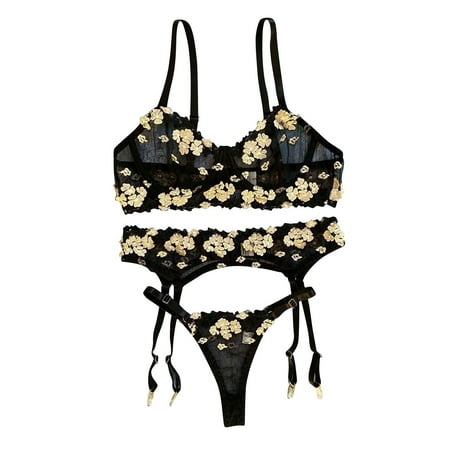 

wendunide underwear women Steel Ring Bra Embroidery Underwear G-String Women Lingerie Garter Belt Thong Black L