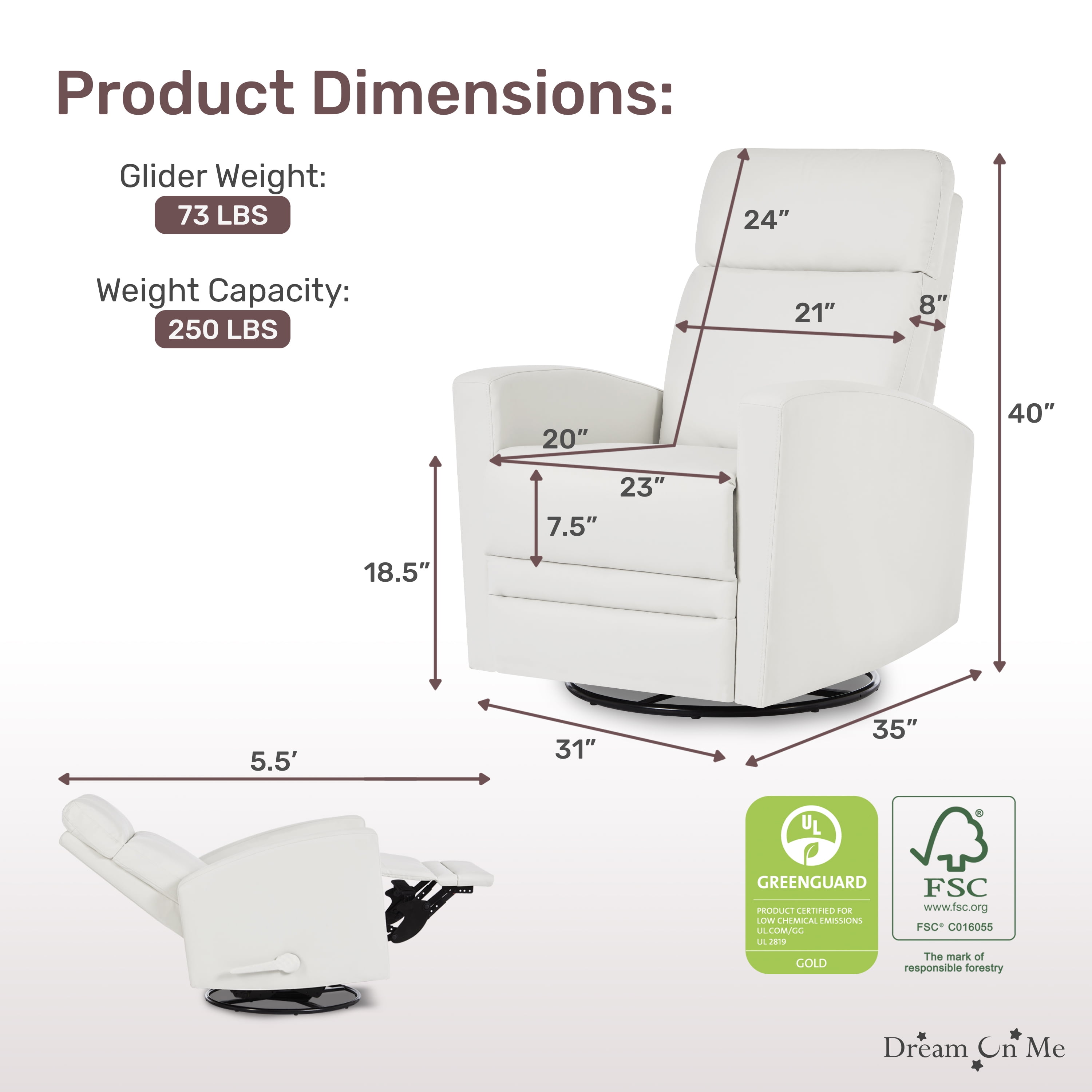Dream On Me Chatham Plus Swivel Glider, Recliner in Leatherette