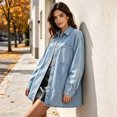 thumbnail image 6 of Tqcoqu Womens Lapel Collar Denim Shirt Jacket, Oversized Loose Fit Long Sleeve Shacket with Pockets, 2026 Fall Trendy Denim Clothes, 6 of 10