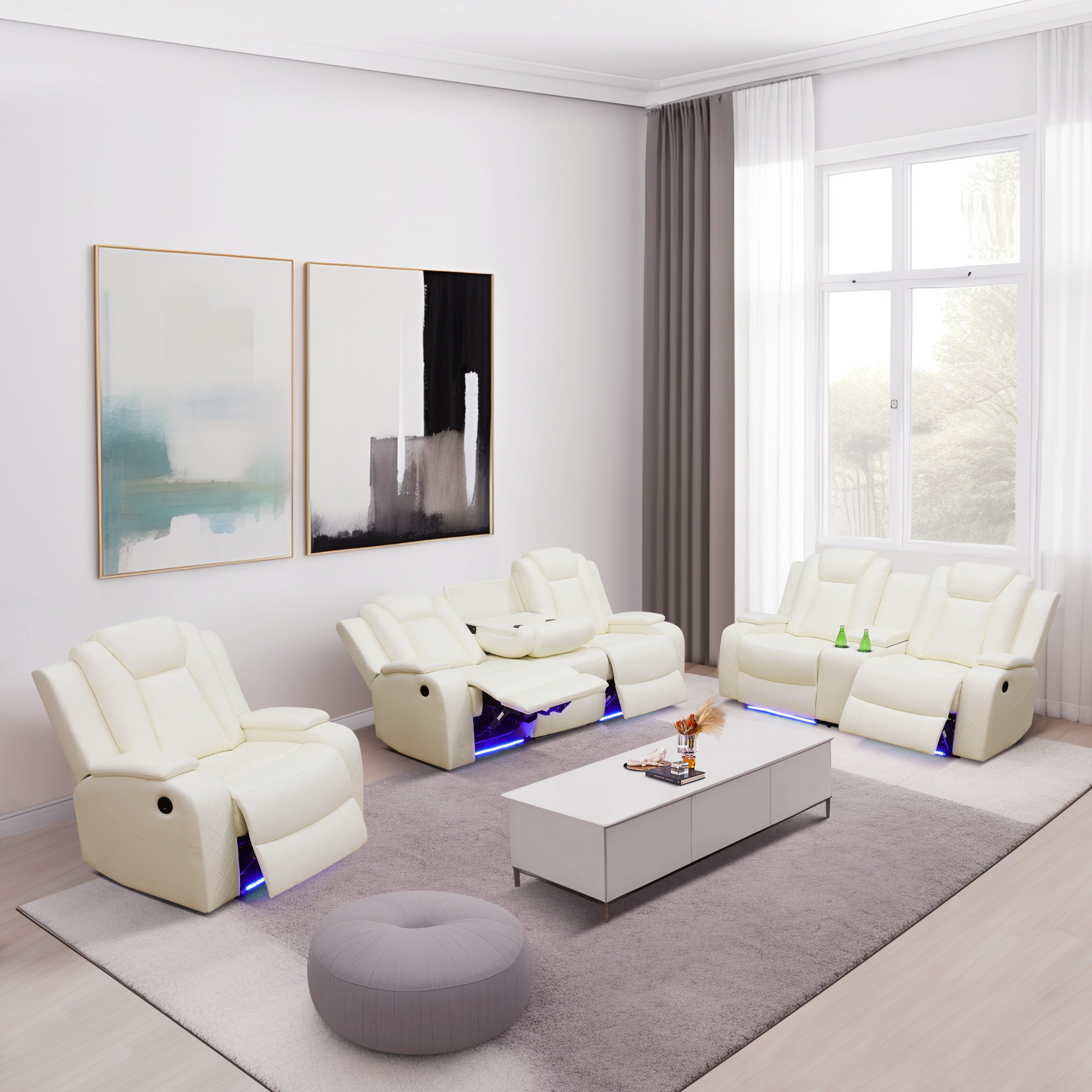 Gewnee 3-Seat Power Adjustable Sofa with 2 Recliners, Console & Cup Holders, Air Leather, Adjustable Recline, Ideal for Living Room,Beige