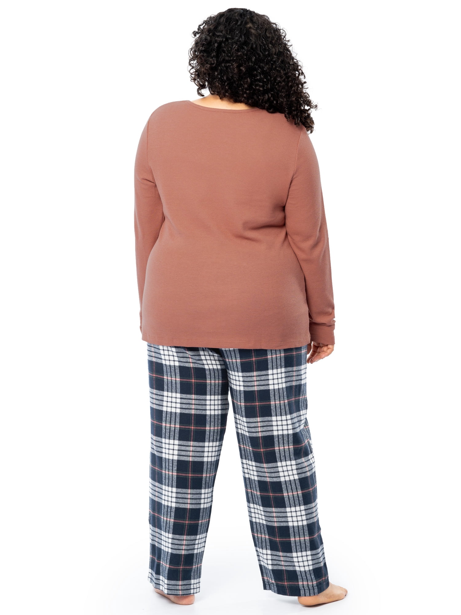 Fruit of the Loom Women's Beyond Soft Long Sleeve Waffle Top and Flannel Bottom Pajama Set, Sizes S-4X