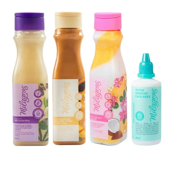 Milagros Kit crecimiento (4 Pack) Tratamiento emergencia capilar milagro, tratamiento de frutas milagro Shampoo Ultranutritivo Milagro y Gotas magicas milagro