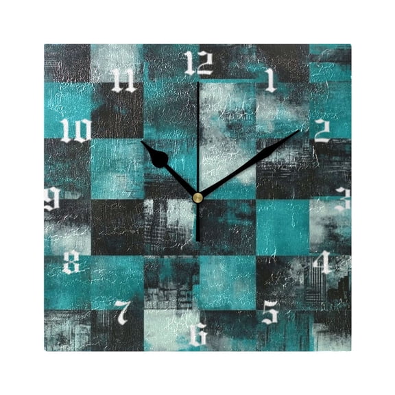 Square Wall Clock Silent Non-Ticking Battery Operated Retro 7.78" Clock for Bedroom Living Room Decor Teal and Black Squares