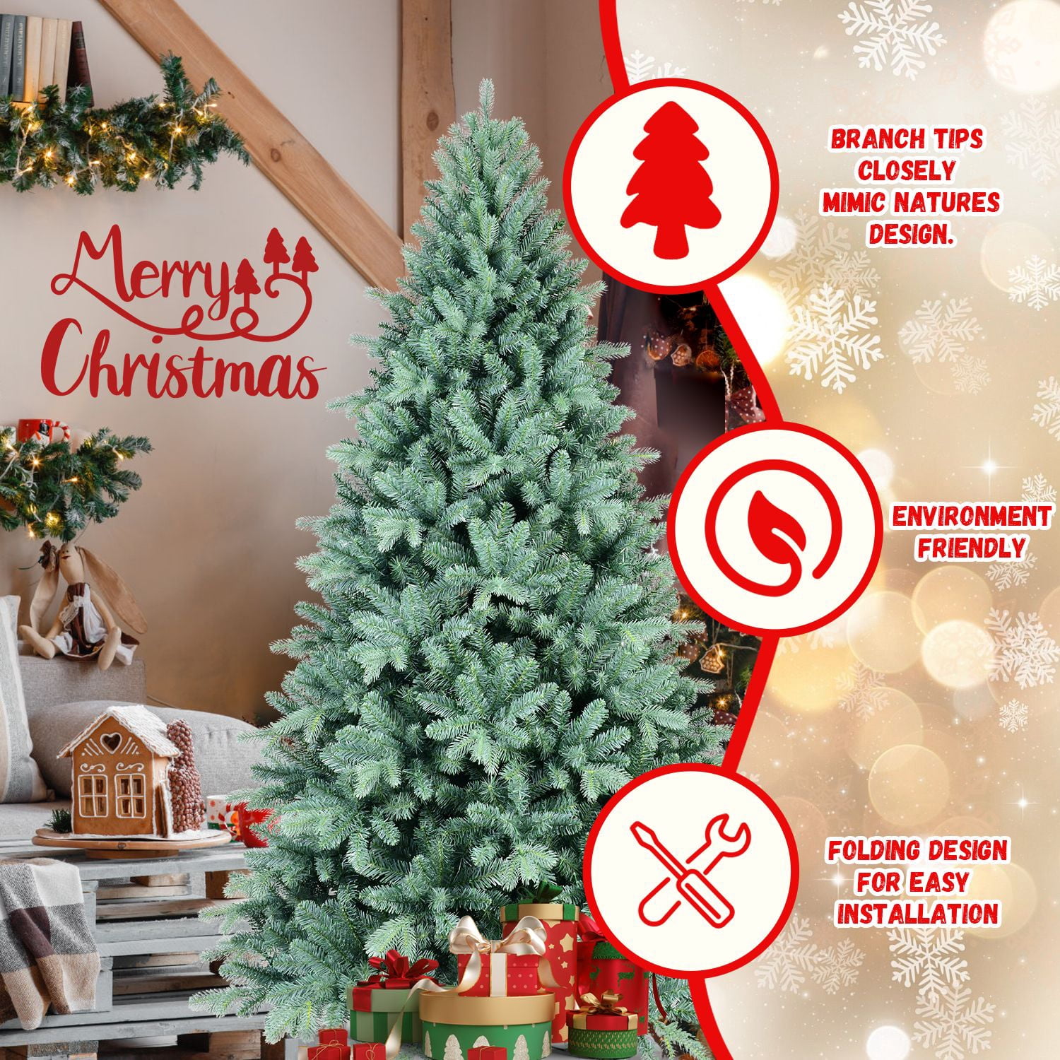 8FT Blue-Green Tint PE/PVC Christmas Tree – 2458 Tips, Hinged Branch Design, Full Natural Look, Stable Metal Stand, Easy to Assemble Holiday Decoration