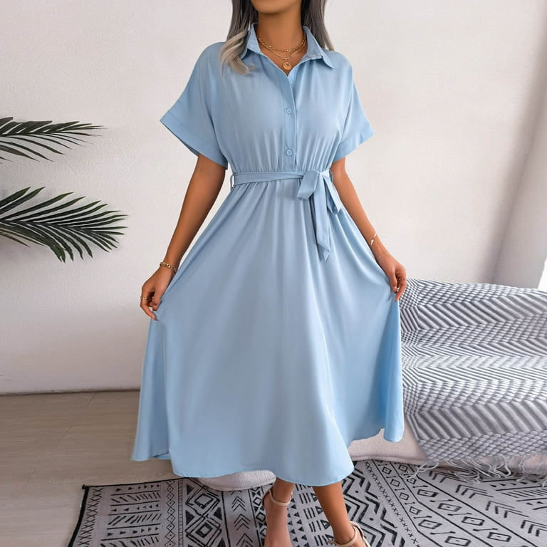 VSSSJ Short Sleeve Shirt Dresses for Women V Neck Solid Color Tie Waist  Midi Dress Casual Button Down Summer Loose Tunic Long Dress