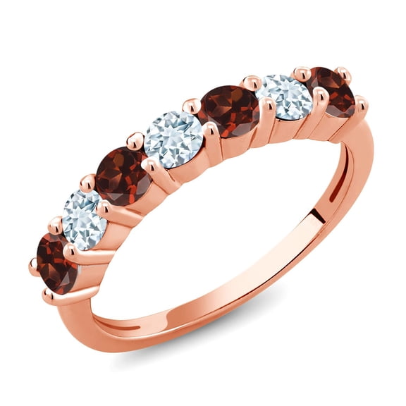 Gem Stone King 18K Rose Gold Plated Silver Round Red Garnet Sky Blue Aquamarine Anniversary Ring for Women (1.31 Cttw, Gemstone Birthstone, Size 6) (Size 6)