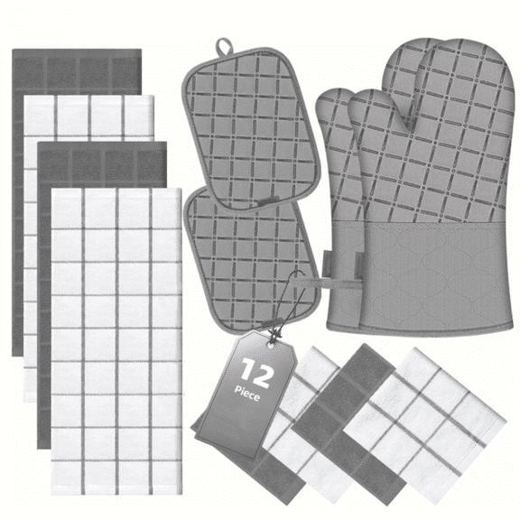 Oven Mitts Kitchen Towels and Dishcloths Pot Holders Sets, Oven Gloves Kitchen Dish Towels 500 Degree Heat Resistant Potholders with Non-Slip Silicone Surface for Cooking, Grilling, Baking-Gray