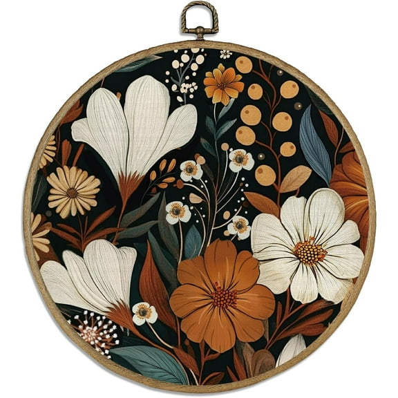 1pc Vintage Boho Flower Round Wall Art 10" Black Wall Framed Canvas Prints Art Walls Hanging Decor Boho Artwork for Walls Room Door Bedroom Living Room Porch Colorful