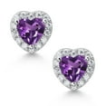 thumbnail image 3 of Gem Stone King Purple Amethyst and White Moissanite Stud Earrings for Women in 925 Sterling Silver | 1.06 Cttw, Gemstone Birthstone, Heart Shape 5MM, 3 of 5