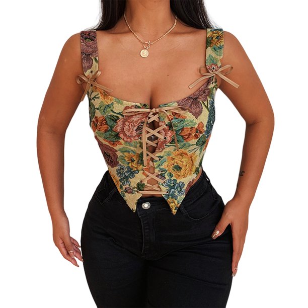 Chaleco Mujeres sexy Crop Tops Retro Floral Impreso de punto bordado con cordones (Caqui XL) Cgtredaw Para estrenar