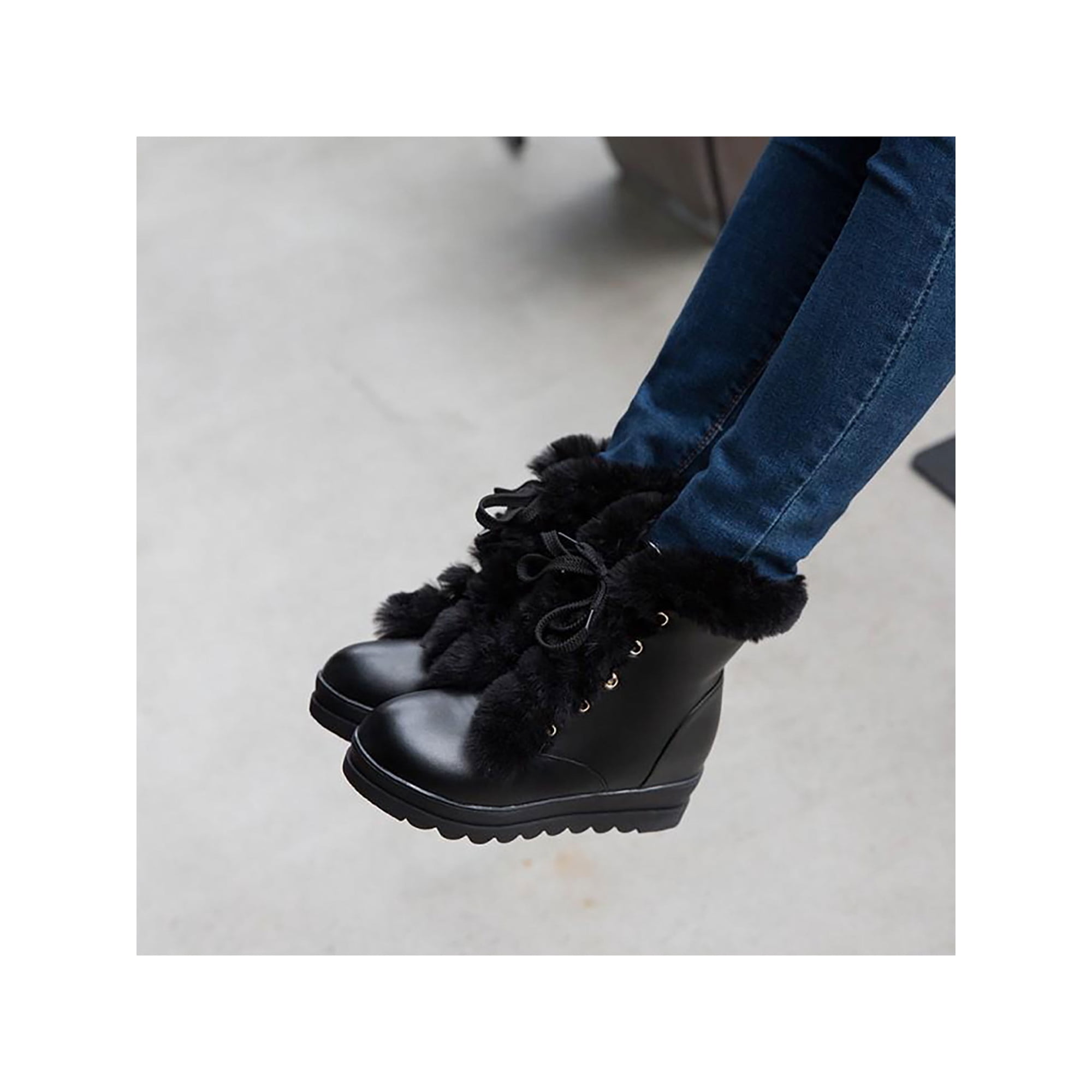 Woobling Ladies Winter Boot Plush Lined Snow Boots Lace Up Hidden Wedge Booties Warm Shoes Walking Ankle Bootie Black 5 Black 5