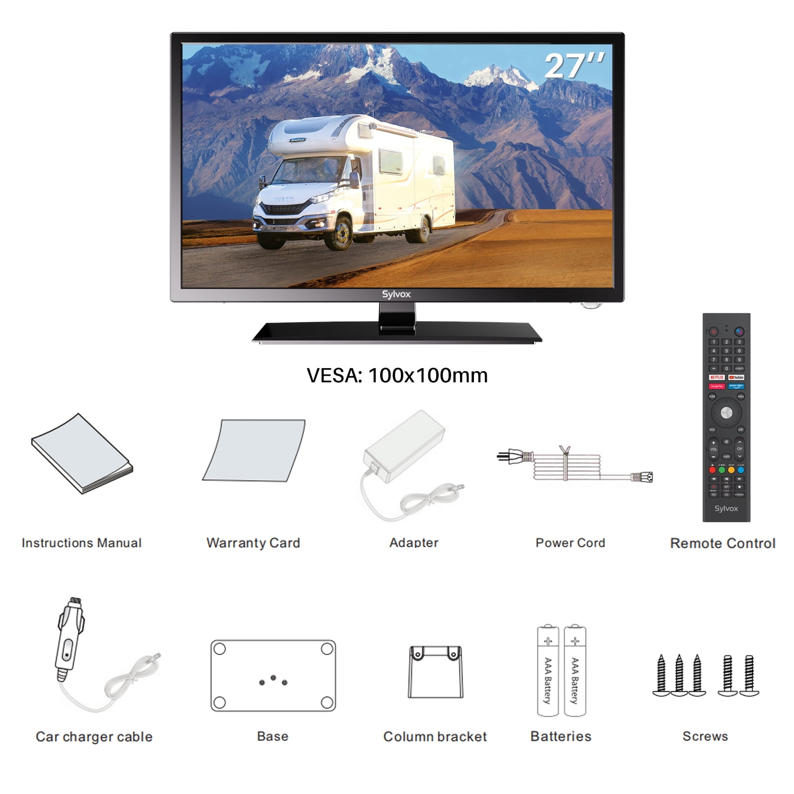 SYLVOX 12 Volt TV, 27" RV TV with Built-in DVD Player, 1080P Smart Google TV OS Free Download APPs, ATSC NTSC WiFi Bluetooth HDMI USB, AC/DC Powered (Trailer Series)