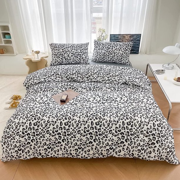 Juego de funda nórdica de leopardo, tamaño doble, 100 % algodón, estampado de guepardo safari en negro y gris sobre blanco, 1 funda de edredón con animales y cierre de cremallera, 2 fundas de