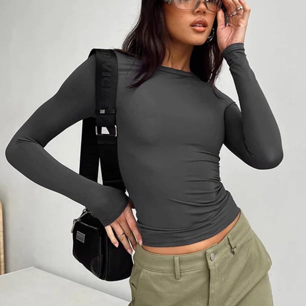 Camiseta tipo túnica ajustada,Camisa de cuello redondo para mujer Camiseta informal ajustada para mujer Camiseta de color puro para mujer Eleva tu experiencia