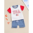 thumbnail image 5 of Aojekbee 4th of July Toddler Boys Outfits Letter Flag Embroidery Contrast Color Short Sleeve T-Shirts Tops and Shorts 2Pcs Clothes Set, 5 of 10