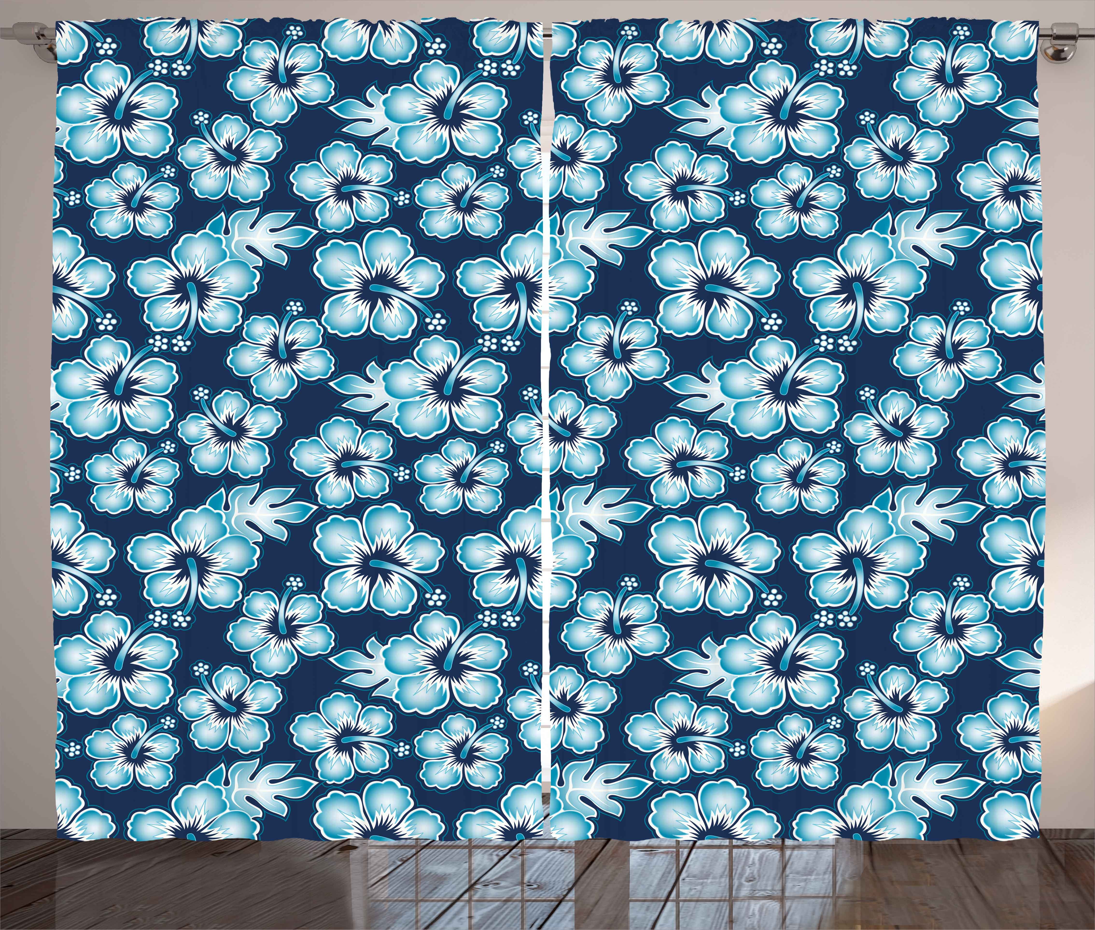 Navy Curtains 2 Panels Set Hibiscus Hawaiian Tropical Island