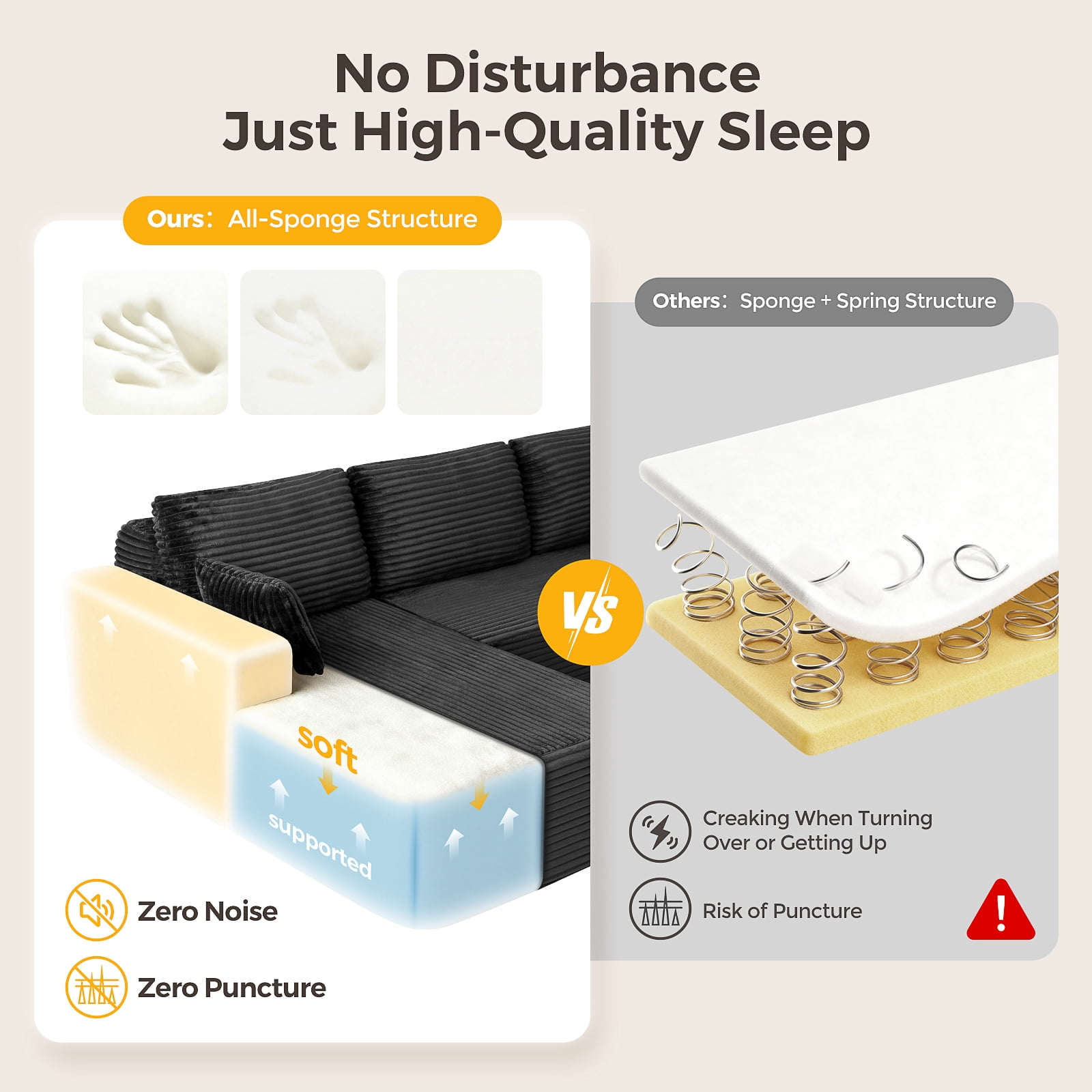 106” Sectional Couch with Chaise, Cloud Boneless Couches Flannel Plush with Deep Seat, L-Shaped Compressed Modular Sofa with Cushions for Living Room, Small Space, Black