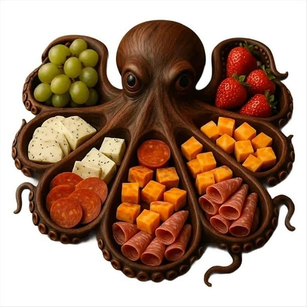 Tabla de Charcutería con Forma de Pulpo, Tabla de Pan con Queso y Temática Animal, Bandeja Original para Servir Queso, Carnes y Frutas.