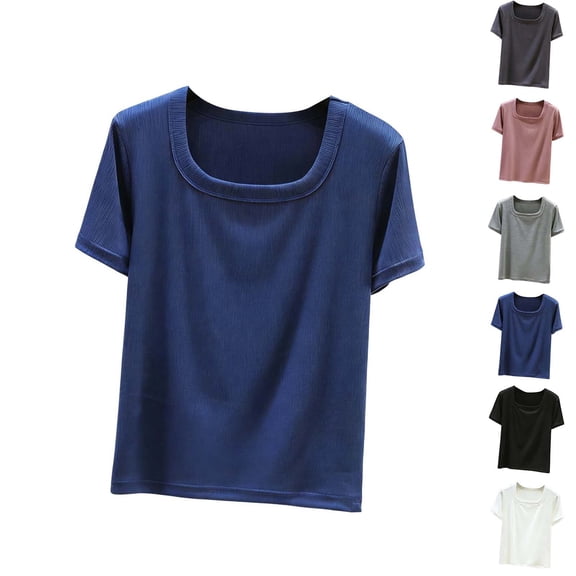 Bixock Summer Women's Tops,Shirts for Women,Blouse for Women Solid Color Ribbed Crew Neck Short Sleeve Casual Tops
