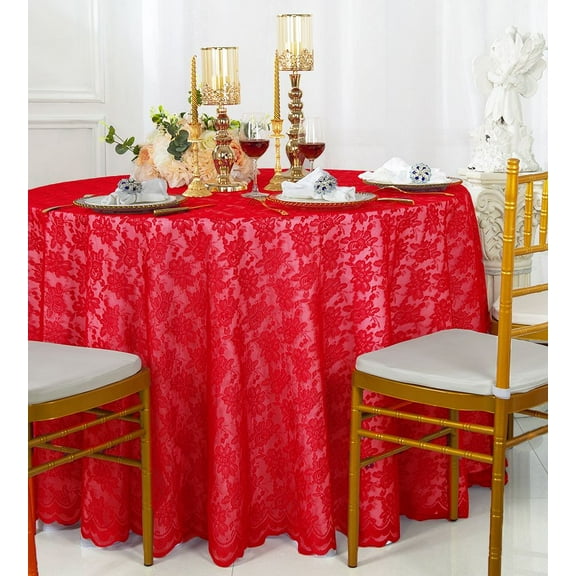Wedding Linens Inc. 108" Round Lace Table Overlays, Lace Tablecloths, Lace Table Overlay Linens, Lace Table Toppers for Wedding Decorations, Events Banquet Party Supplies (1pc) - Red