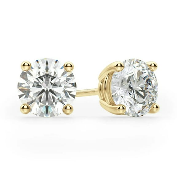 2 Carat Round DI Stud Earrings, 4-Prong Setting, 14K Yellow Gold Screw Backs