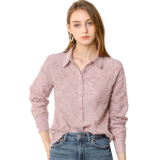 Blusa Botón Arriba Camisa Cuello Vuelto Manga Larga Puño De Botones Para Mujer Rosado S