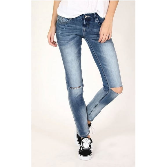 Grace in LA Jeans Women's Sanded Distress-Slit Junior Fit Skinny Stretch Jeans (24)