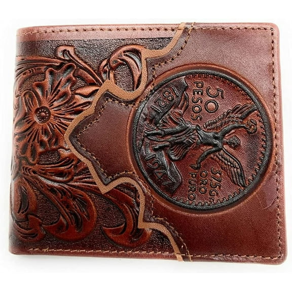 Western Men's Cowboy Leather Floral Tooled Laser Cut Multi Emblem Short Wallet in Multi Colors