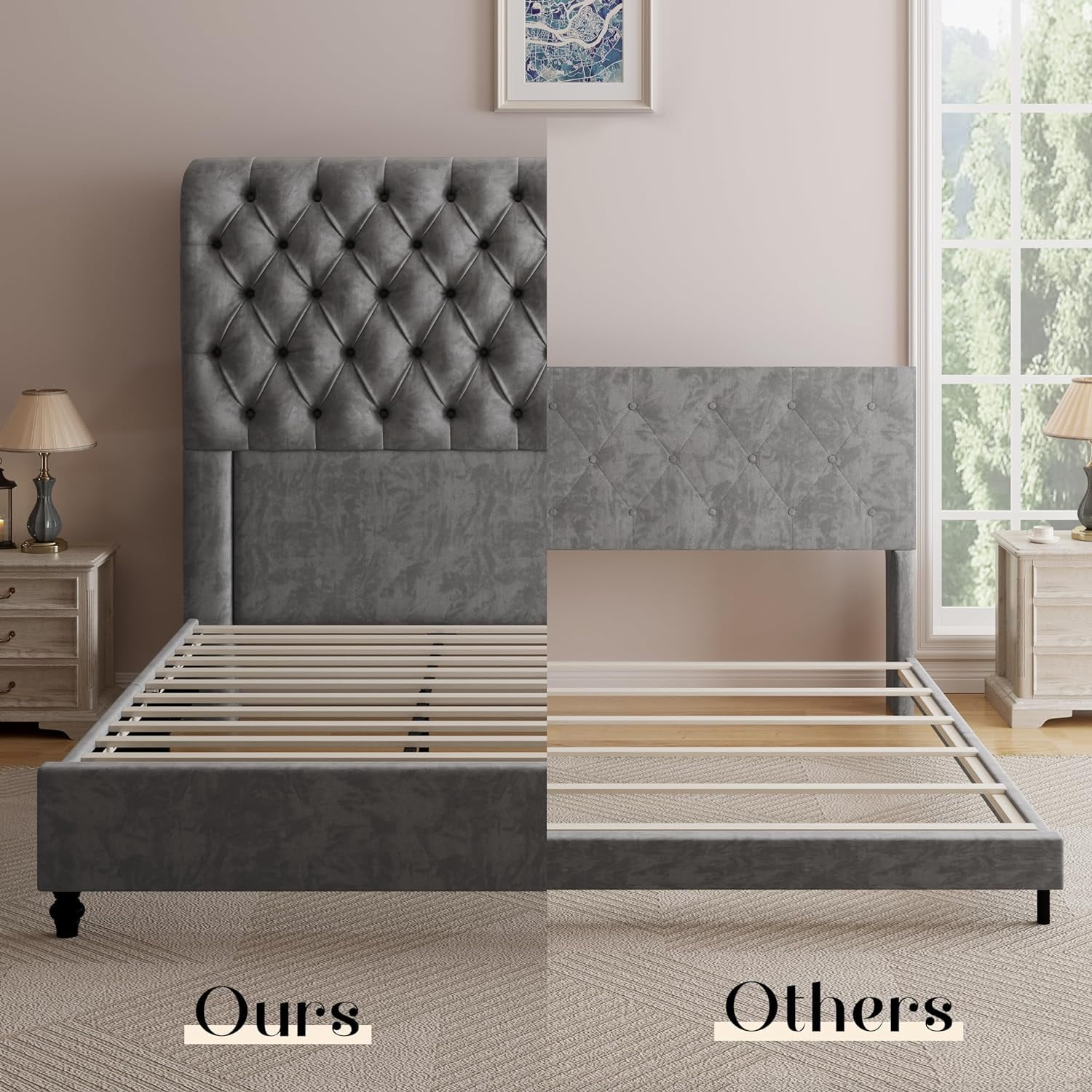 Merluxy King Bed Frame with 59.1" Sleigh Headboard,Velvet Upholstered,No Box Spring Needed,Light Gray