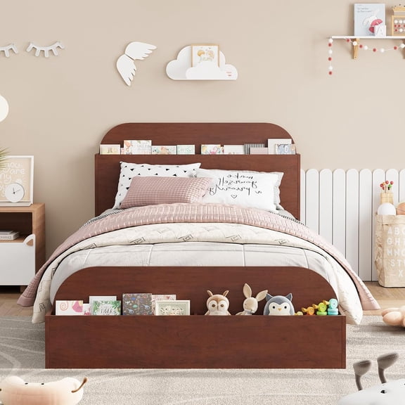 Twin Wood Platform Bed Storage Headboard & Raised Footboard - Low Profile No Box Spring Espresso