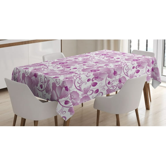 Ambesonne Orchid Tablecloth Rectangular Table Cover, Ornate Floral Curly Leaf, 52"x70", Lilac Magenta White