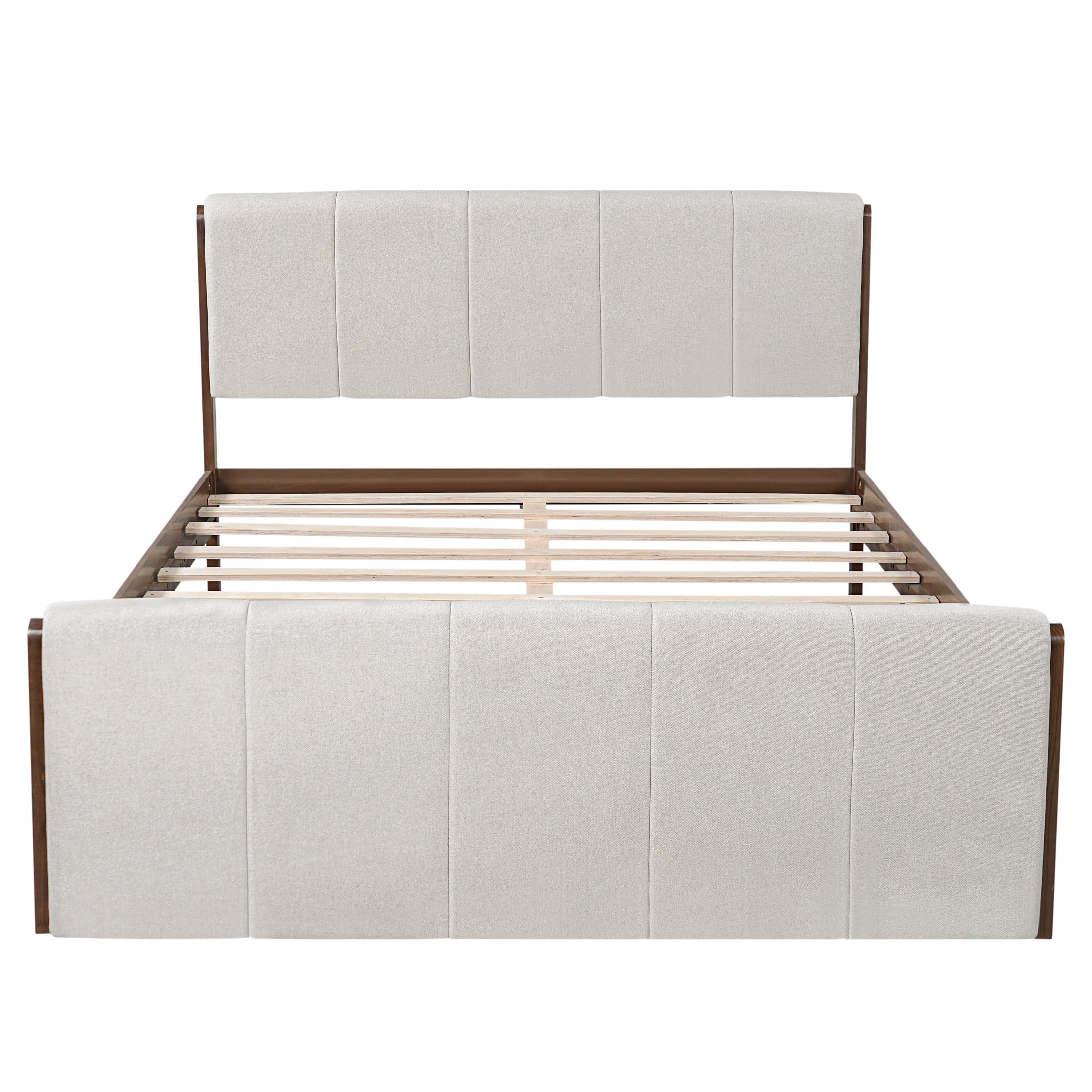 Christopher Knight Home Queen Upholstered Bed Frame, Platform Bed with Wood Trim, Gray + Walnut