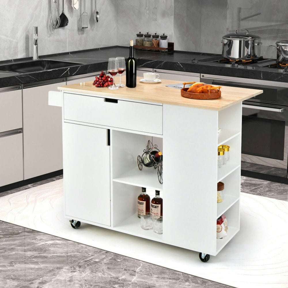 Canddidliike Drop-Leaf Kitchen Island with Rubber Wood Top-White, Kitchen Island, Kitchen Storage Cabinets for Kitchen,Dinning Room