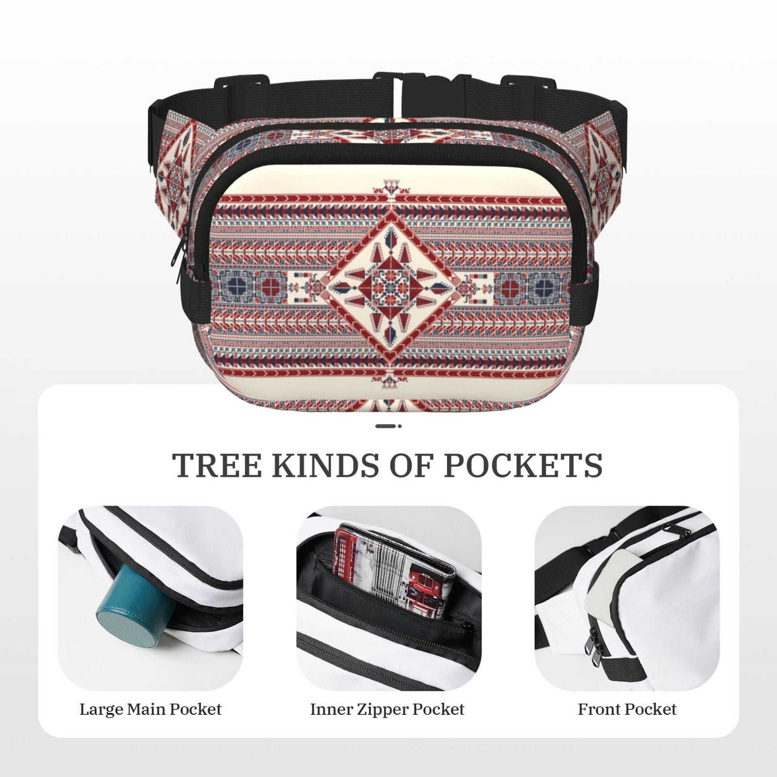 Picia Fashion Tatreez Print Square Double-Layer Waist Bag Mini Adjustable Waist Belt Bag Exercise Running Travel Hiking