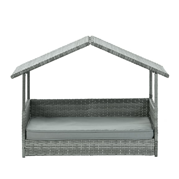 ZephyPaws 38.5" Dog Bed with Canopy, PE Wicker Patio Pet Bed, Elevated Indoor/Outdoor Lounger with 2" Cushion, UV-Resistant, Powder-Coated Metal Frame, Zippered Washable Cover, Dark Gray