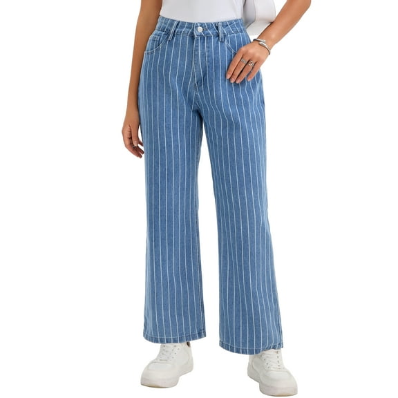 Women Wide Leg Jeans High Waisted Casual Y2K Straight Leg Jeans Striped Denim Pants S Blue
