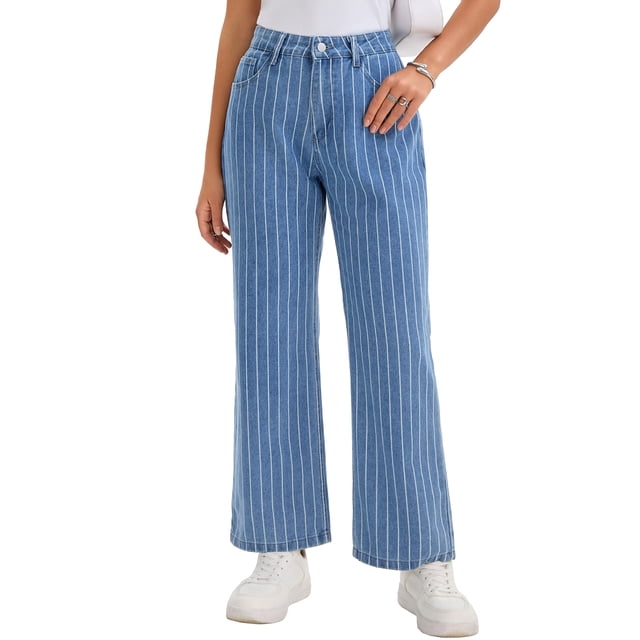 Jeans de pierna ancha para mujer, de cintura alta, estilo casual Y2K, jeans rectos de mezclilla a rayas, 2XL, azul