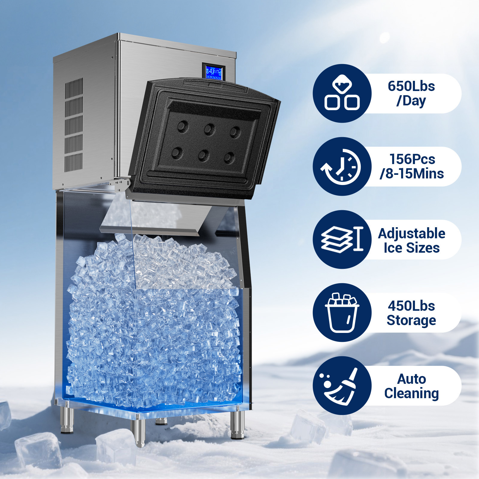 Joreek Commercial Ice Machine 650 Lbs/24H, 450Lbs Large Storage, Ice Ready in 8-15 Min, ETL Approval, Powerfull Compressor, Auto Cleaning, Stainless Steel ice Maker for Bar Cafe Restaurant