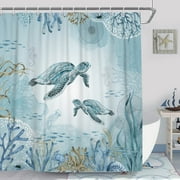 Sea Turtle Shower Curtain Teal Blue Ocean Beach Coastal Waterproof Fabric Bathroom Curtain ,72x72in