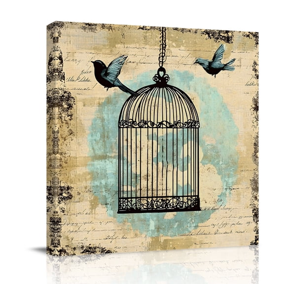 Canvas Wall Art, Teal Vintage Birds Framed Canvas Prints for Bedroom Office, Retro Birdcage Watercolor Large Gallery Wrapped Wall Decor for Home Office, Gifts, 16"x16" Ship Next Day