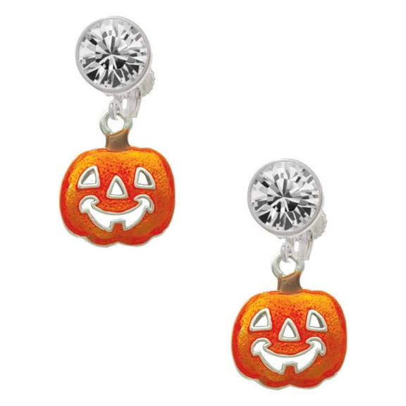Silvertone Translucent Orange Jack O'Lantern Clear Crystal Clip On Earrings
