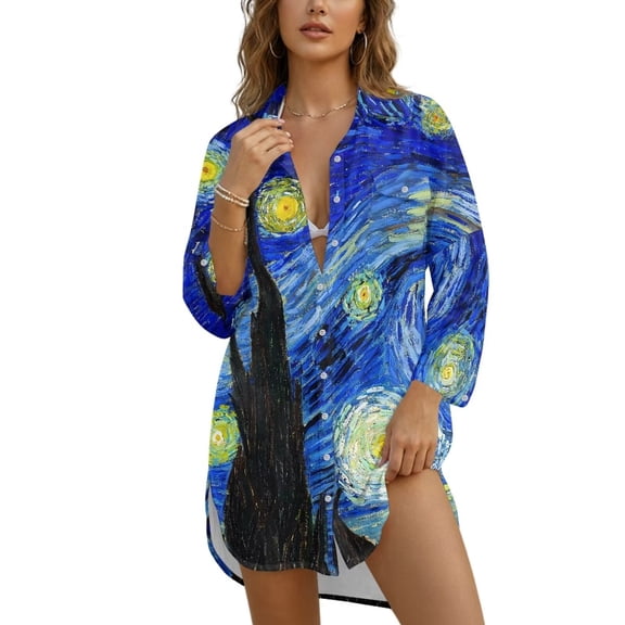 Xoenoiee Starry Night Print Womens Modern Swimsuit Cover Up Button Down Shirt Dresses Tops V Neck Loose Bathing Suit Casual Blouse Resort Wear, S
