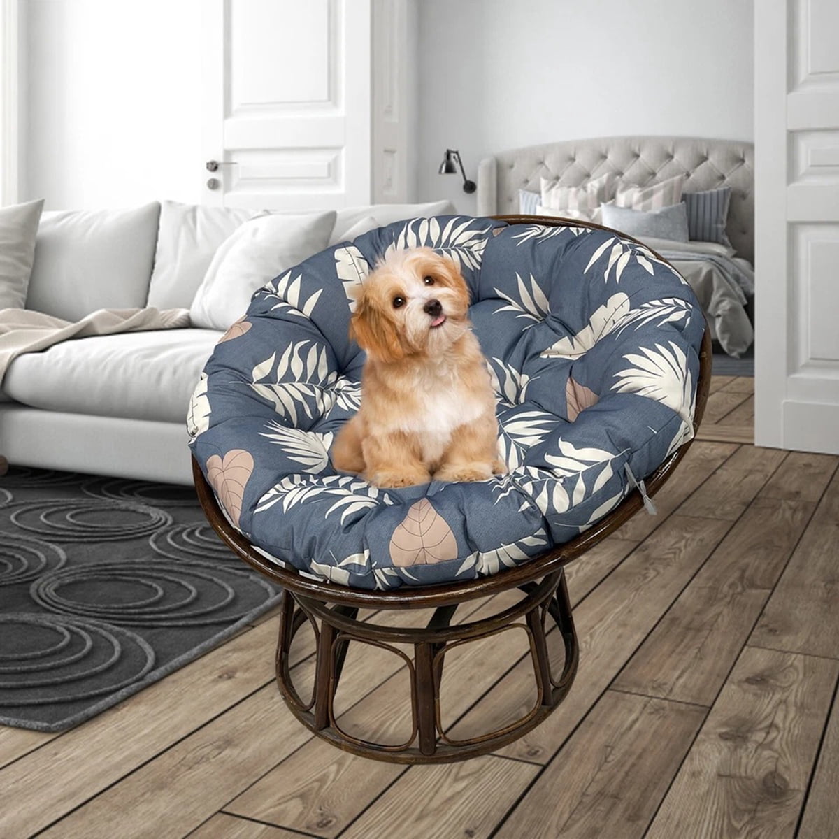 Eurhowing 48 Inch Papasan Cushion Replacement, 5" Thick Water-Resistant Round Cushion, Outdoor Patio Swing Papasan Chair Pad, Gray Leaves