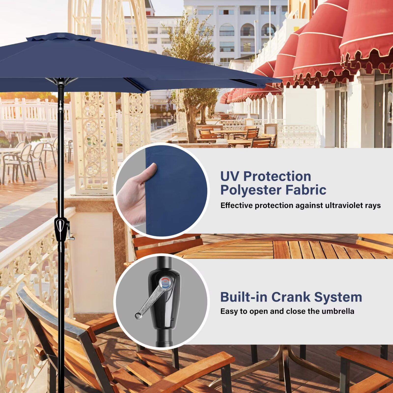 Simple Deluxe 9ft Outdoor Market Table Patio Umbrella with Button Tilt and 8 Sturdy Ribs, Dark Blue, 1 Pack