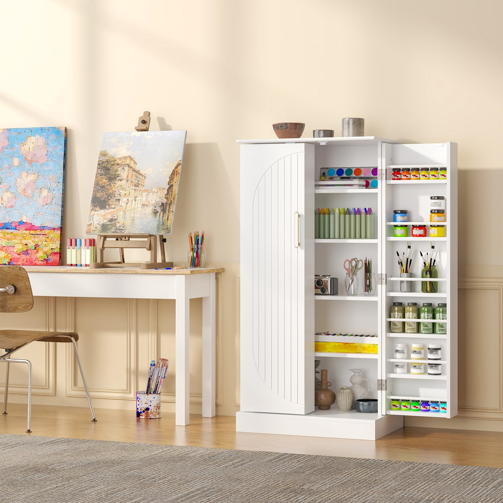 Casendy Pantry Cabinet with 2 Doors and 16 Shelves, Modern Kitchen Storage Cabinet with Adjustable Shelves, Kitchen Storage Cupboard for Dining Room, Living Room, White
