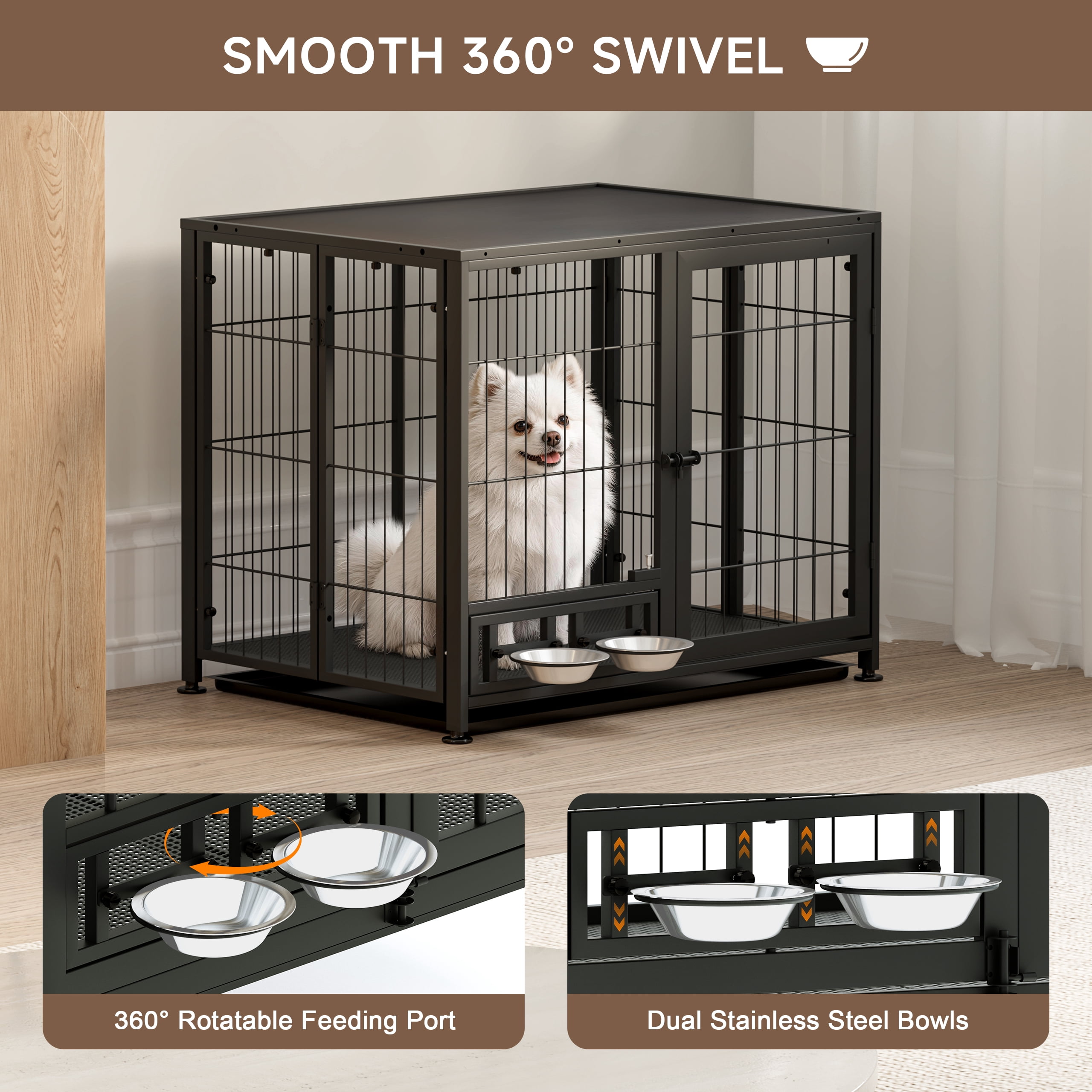 Amoveo 37.8" Heavy Duty Dog Crate for Medium Dogs, 3-in-1 Collapsible Metal Kennel & Playpen with Lockable Wheels & Feeding Bowls, Indoor Outdoor,Black