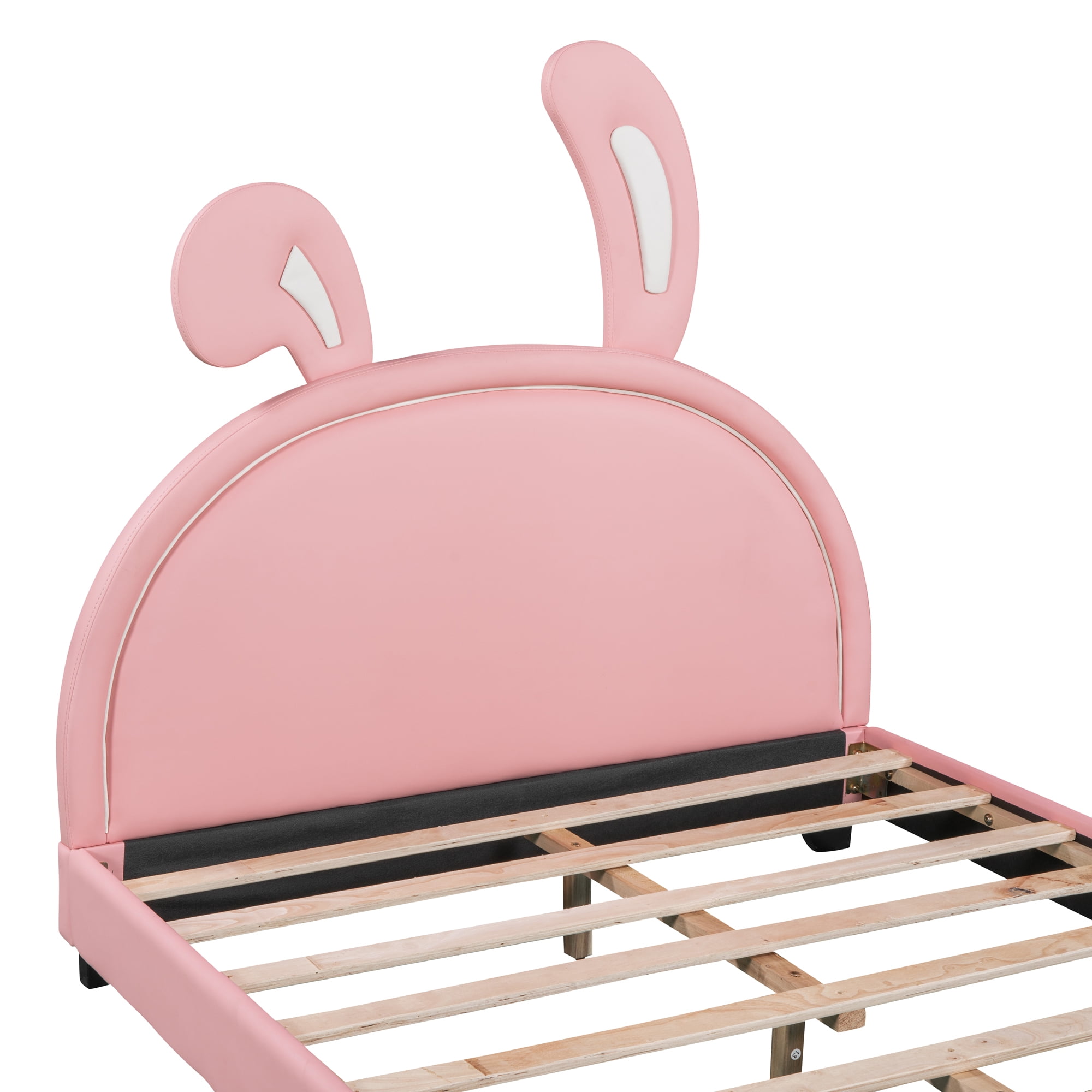 Aukfa Upholstered Platform Bed with Bunny Ears Headboard for Kids, Faux Leather Full Bed Frame - Pink