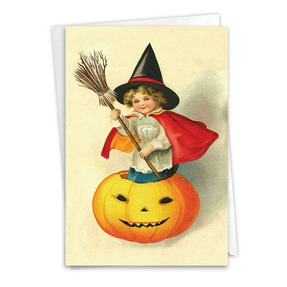 The Best Card Company Halloween Paper Card with 5 x 7 Inch Envelope (1 Card) Vintage Pumpkins Witch C9561IHWG