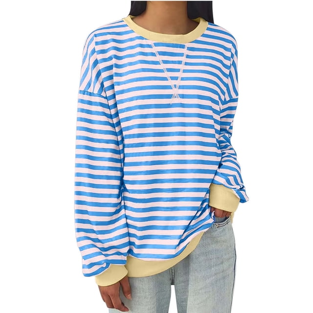 Jsaierl Chandails en Molleton pour Femmes Classique Rayé Manches Longues Hauts Confortables Col Rond Chemises Grande Taille Pull Ample Blouses